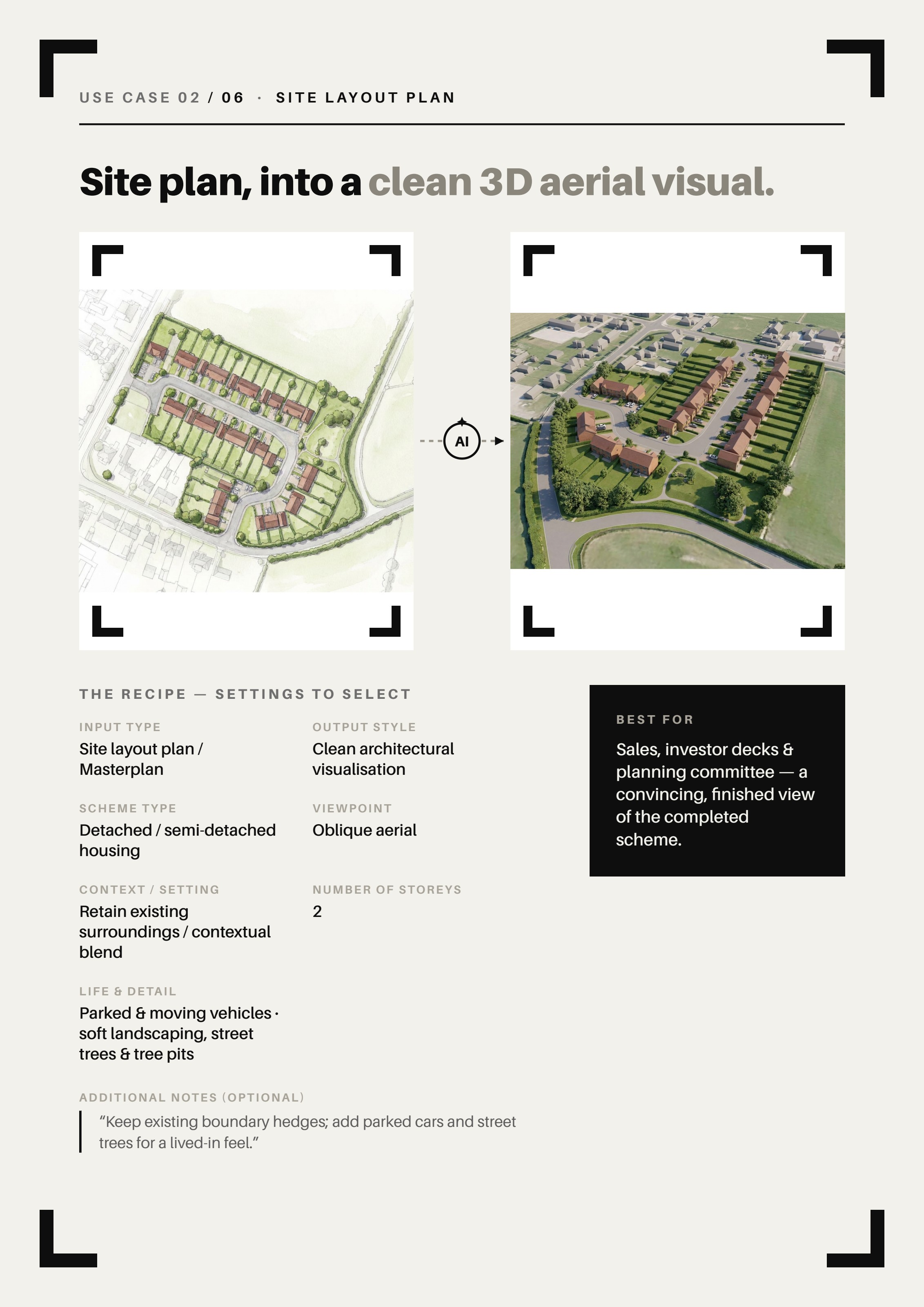Use case 2 — Site plan into a clean 3D aerial visual