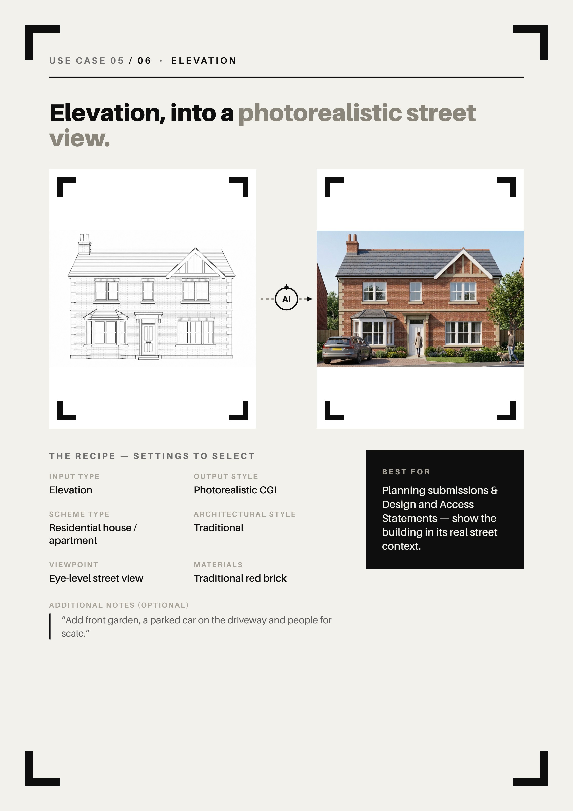 Use case 5 — Elevation into a photorealistic street view