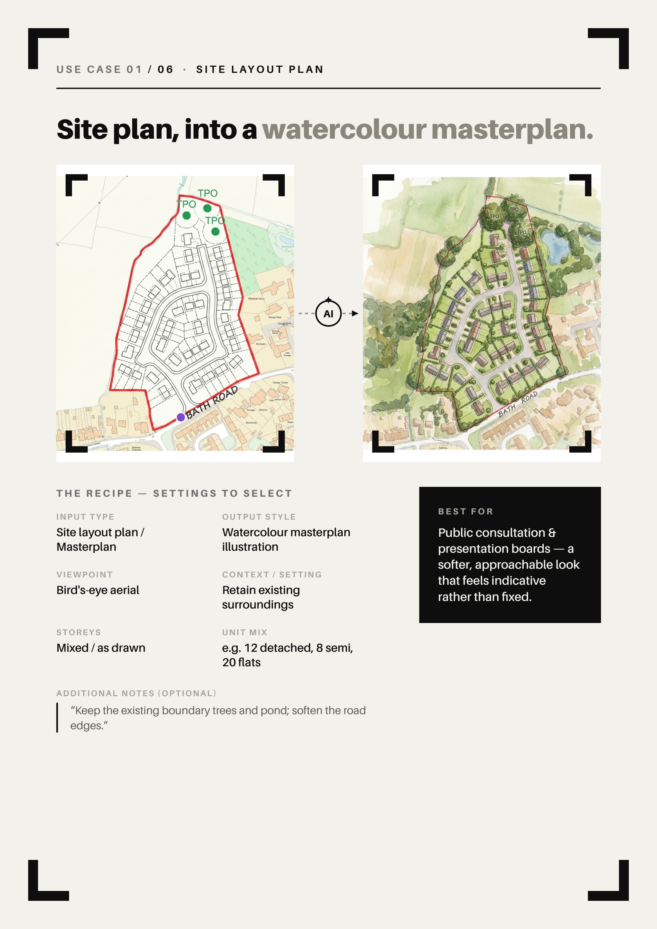 Use case 1 — Site plan into a watercolour masterplan