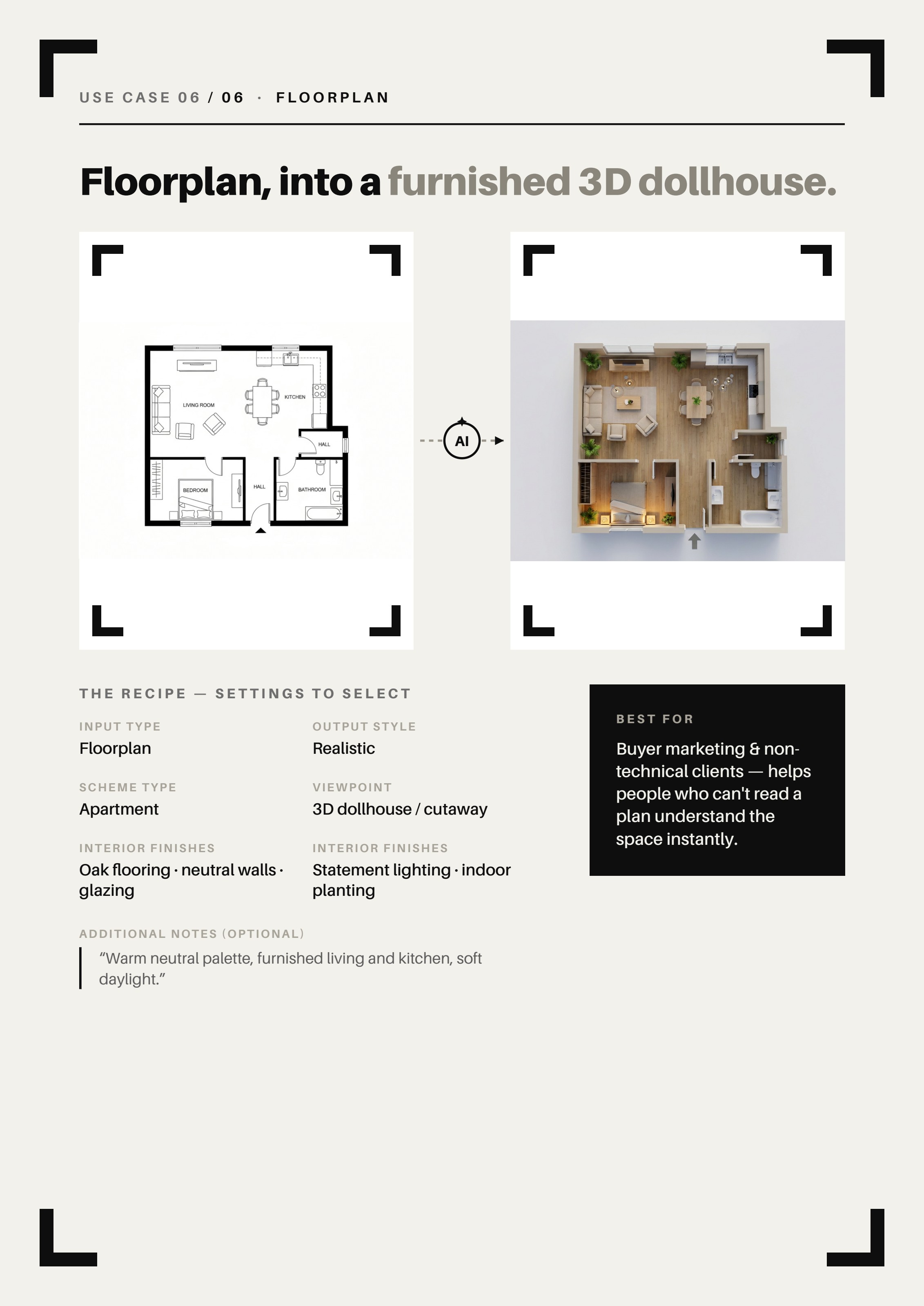 Use case 6 — Floorplan into a furnished 3D dollhouse
