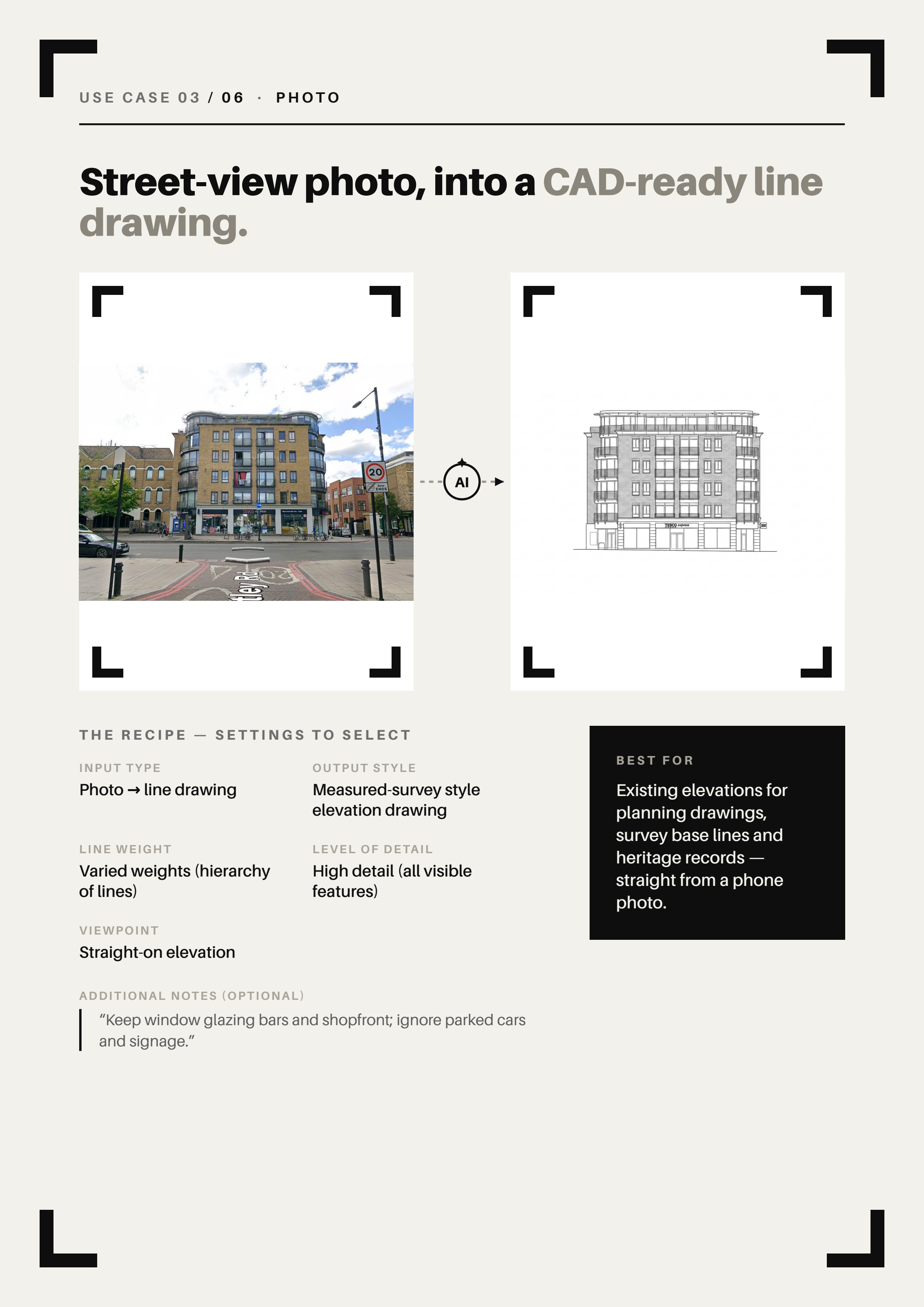Use case 3 — Street-view photo into a CAD-ready line drawing